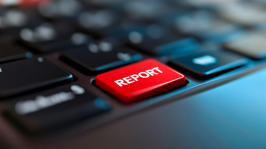 Close shot of a laptop keyboard with a single red key that says "REPORT" concept of reporting fraud, shot on macro lens